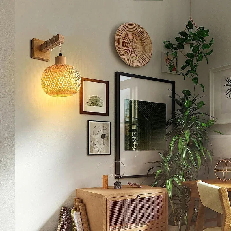 Bamboo Lantern Wall Lamp – Natural Rattan Wicker E27 Chandelier, Hand-Woven Bamboo Room Décor Lampshade