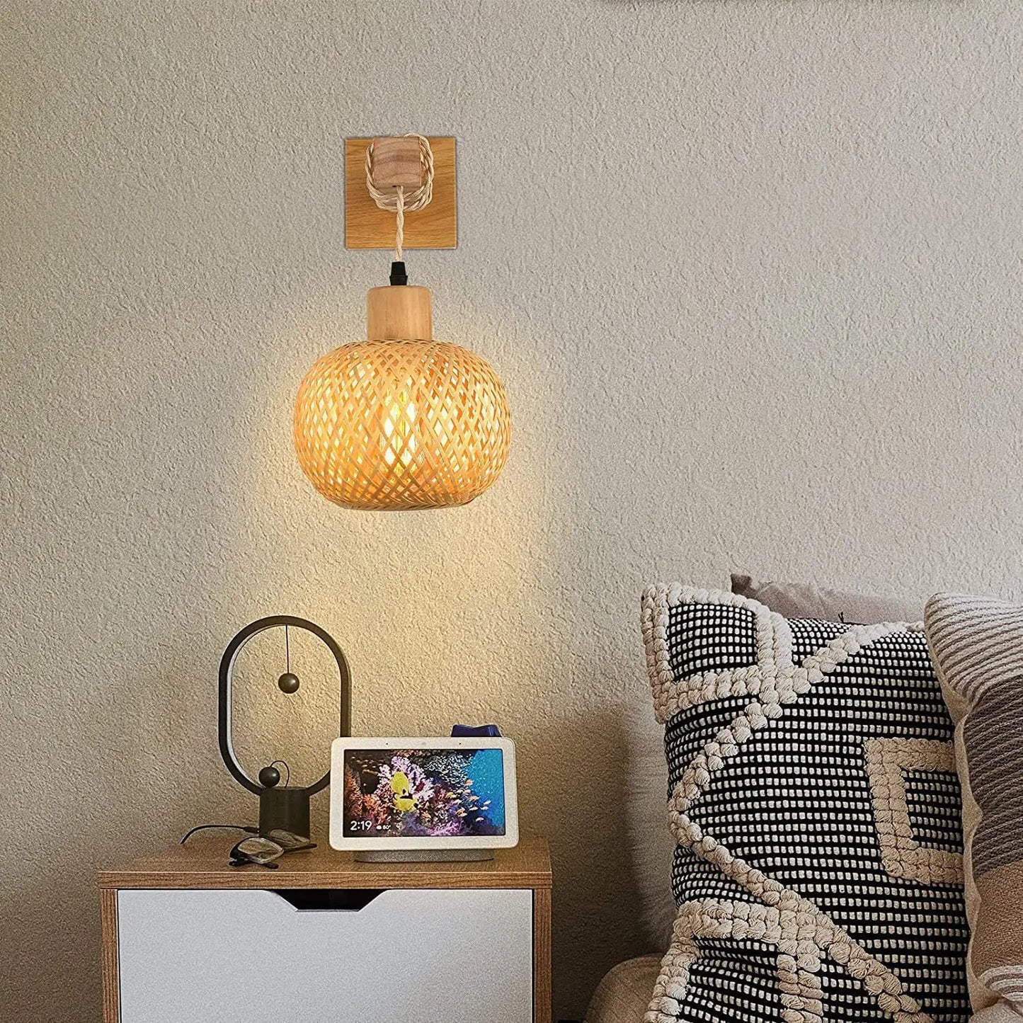 Bamboo Lantern Wall Lamp – Natural Rattan Wicker E27 Chandelier, Hand-Woven Bamboo Room Décor Lampshade