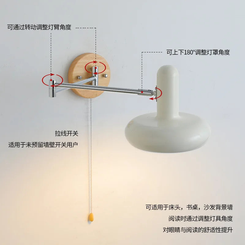 Bauhaus Cream Wind Swing Arm Wall Light – Vintage Telescopic Folding Bedhead Light, Perfect for Study & Reading