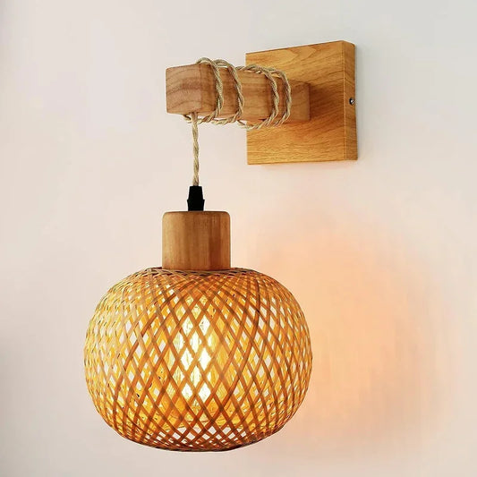 Bamboo Lantern Wall Lamp – Natural Rattan Wicker E27 Chandelier, Hand-Woven Bamboo Room Décor Lampshade